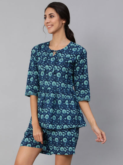 Women Blue Floral Printed Night Suit | LASVINI - Redefining Indian Fashion with Elegance