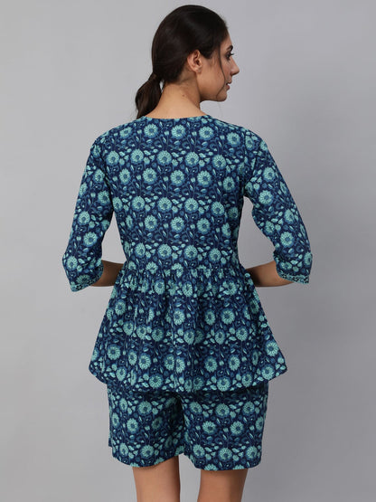 Women Blue Floral Printed Night Suit | LASVINI - Redefining Indian Fashion with Elegance