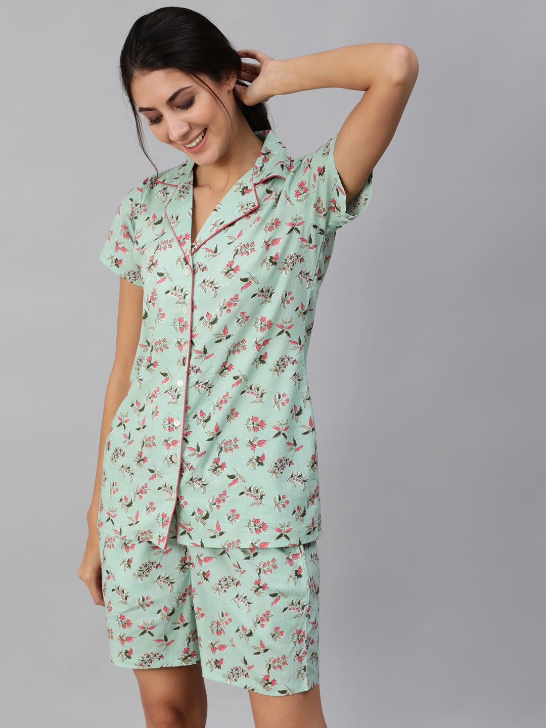Women Green Floral Printed Night Suit | LASVINI - Redefining Indian Fashion with Elegance