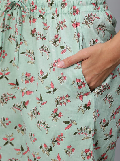 Women Green Floral Printed Night Suit | LASVINI - Redefining Indian Fashion with Elegance