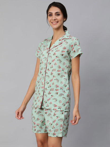 Women Green Floral Printed Night Suit | LASVINI - Redefining Indian Fashion with Elegance