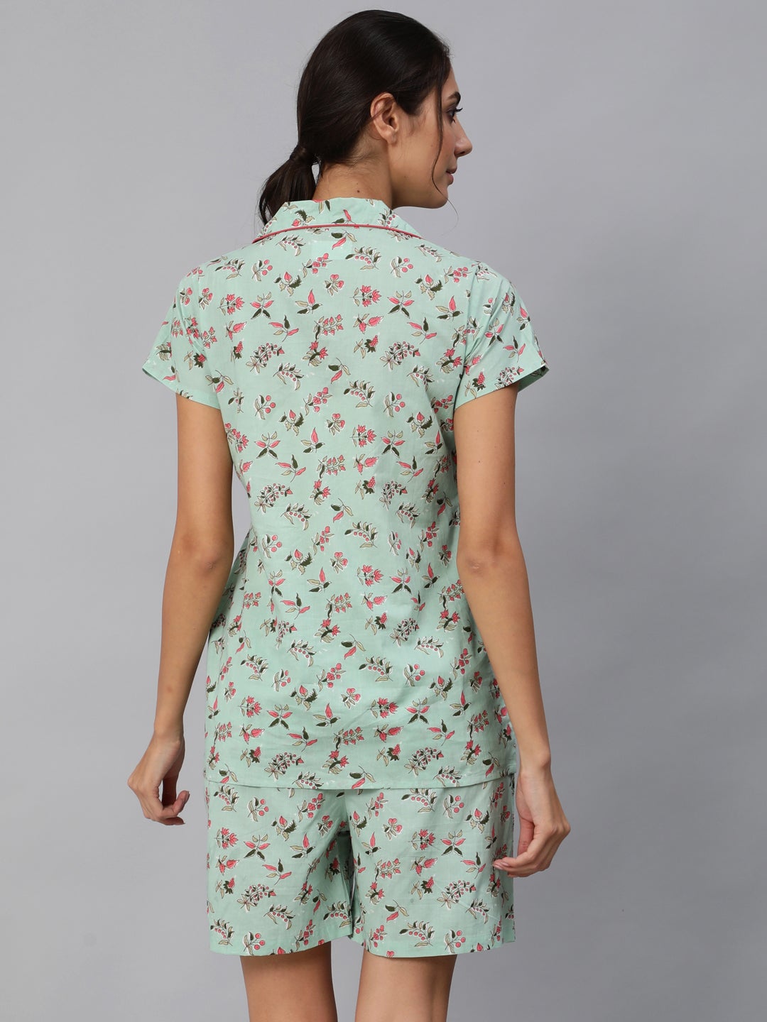 Women Green Floral Printed Night Suit | LASVINI - Redefining Indian Fashion with Elegance