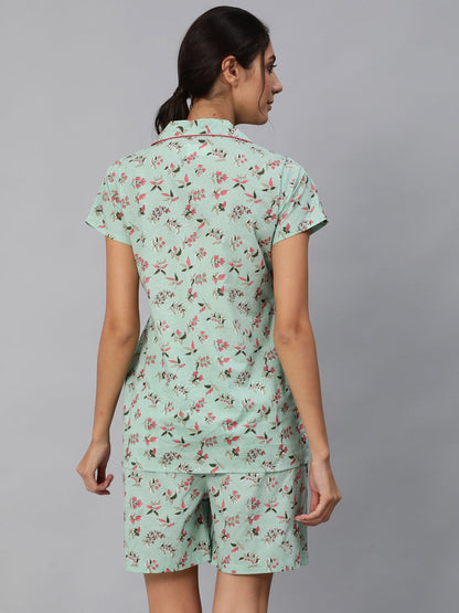 Women Green Floral Printed Night Suit | LASVINI - Redefining Indian Fashion with Elegance