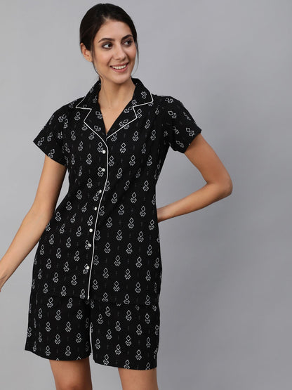 Women Black Floral Printed Night Suit | LASVINI - Redefining Indian Fashion with Elegance