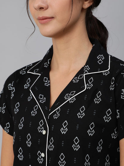 Women Black Floral Printed Night Suit | LASVINI - Redefining Indian Fashion with Elegance