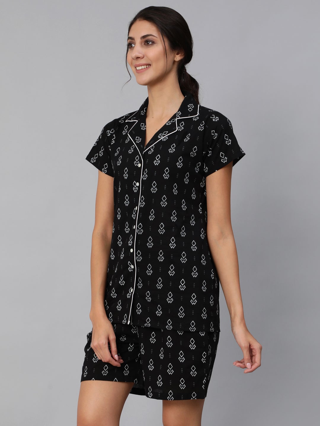 Women Black Floral Printed Night Suit | LASVINI - Redefining Indian Fashion with Elegance