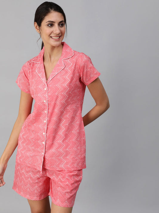 Women Pink Zig-Zac Printed Night Suit | LASVINI - Redefining Indian Fashion with Elegance