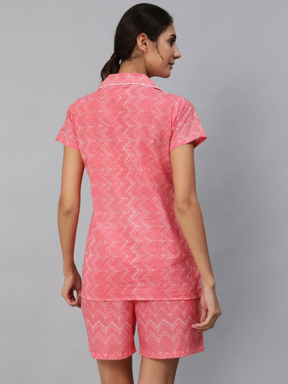 Women Pink Zig-Zac Printed Night Suit | LASVINI - Redefining Indian Fashion with Elegance