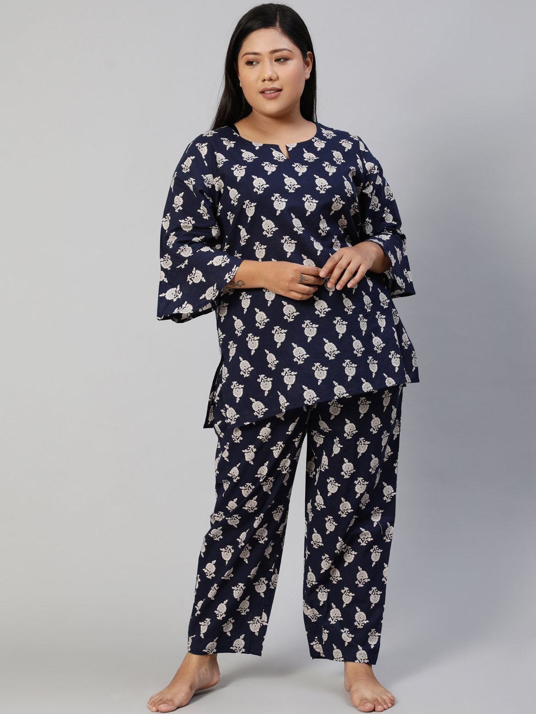 Women Navy Blue Printed Night Suit | LASVINI - Redefining Indian Fashion with Elegance