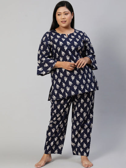 Women Navy Blue Printed Night Suit | LASVINI - Redefining Indian Fashion with Elegance