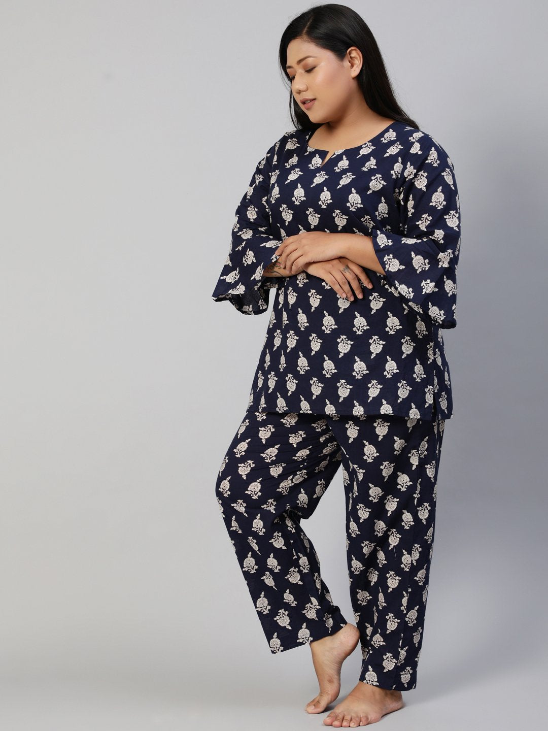 Women Navy Blue Printed Night Suit | LASVINI - Redefining Indian Fashion with Elegance