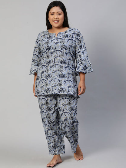 Women Blue Printed Night Suit | LASVINI - Redefining Indian Fashion with Elegance