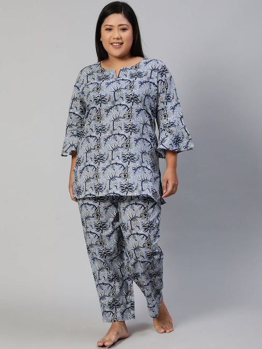 Women Blue Printed Night Suit | LASVINI - Redefining Indian Fashion with Elegance