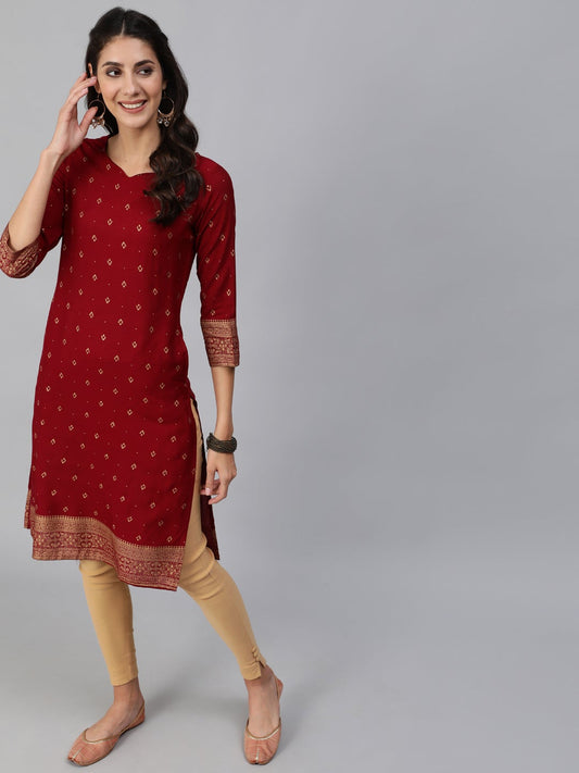 Women Maroon & Gold Printed Straight Kurta With Three Quarter Sleeves | LASVINI - Redefining Indian Fashion with Elegance