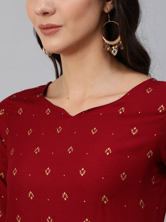 Women Maroon & Gold Printed Straight Kurta With Three Quarter Sleeves | LASVINI - Redefining Indian Fashion with Elegance