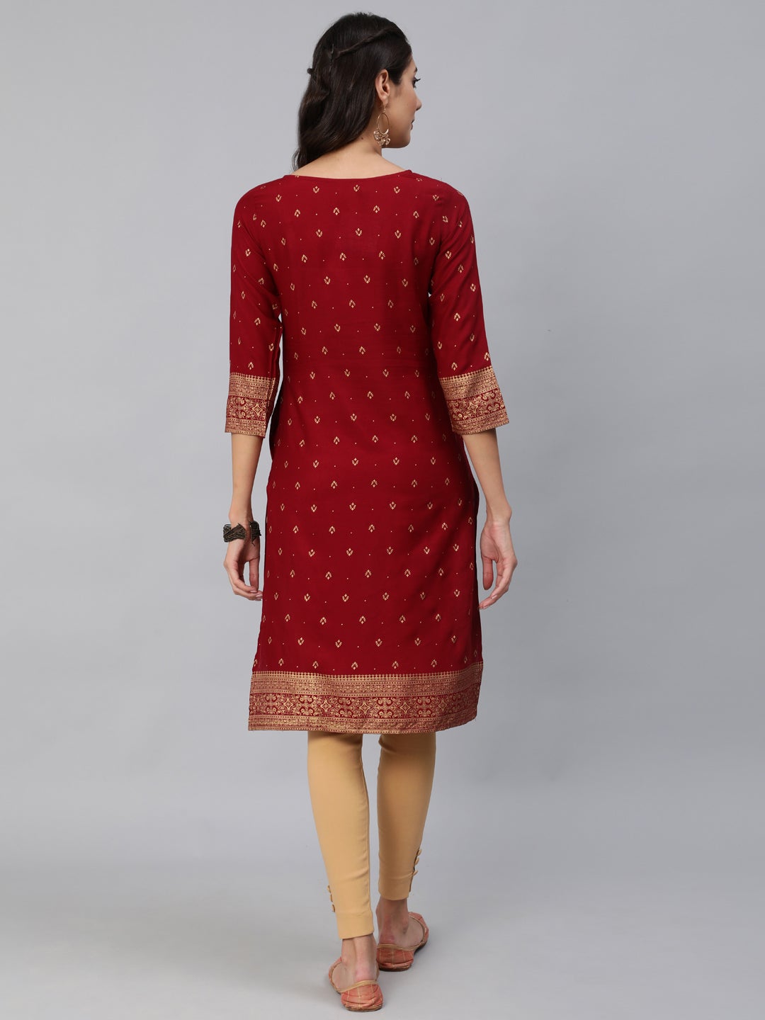 Women Maroon & Gold Printed Straight Kurta With Three Quarter Sleeves | LASVINI - Redefining Indian Fashion with Elegance