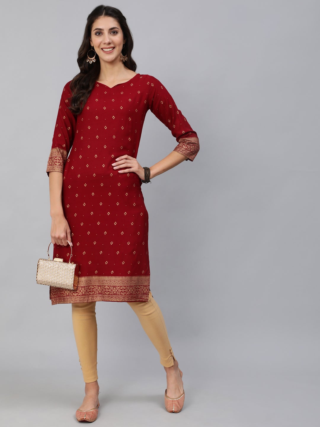 Women Maroon & Gold Printed Straight Kurta With Three Quarter Sleeves | LASVINI - Redefining Indian Fashion with Elegance