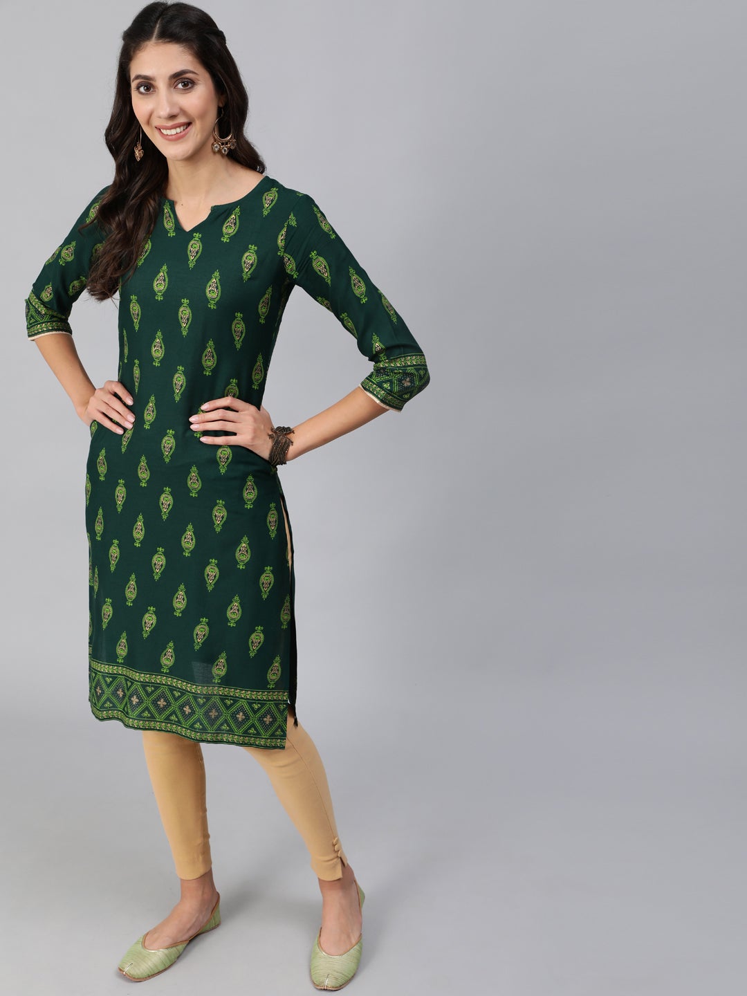 Women Green & Gold Printed Straight Kurta With Three Quarter Sleeves | LASVINI - Redefining Indian Fashion with Elegance
