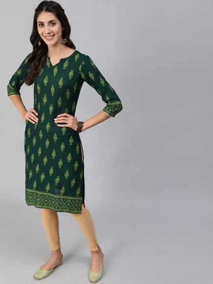 Women Green & Gold Printed Straight Kurta With Three Quarter Sleeves | LASVINI - Redefining Indian Fashion with Elegance