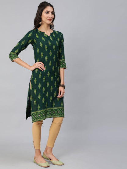 Women Green & Gold Printed Straight Kurta With Three Quarter Sleeves | LASVINI - Redefining Indian Fashion with Elegance
