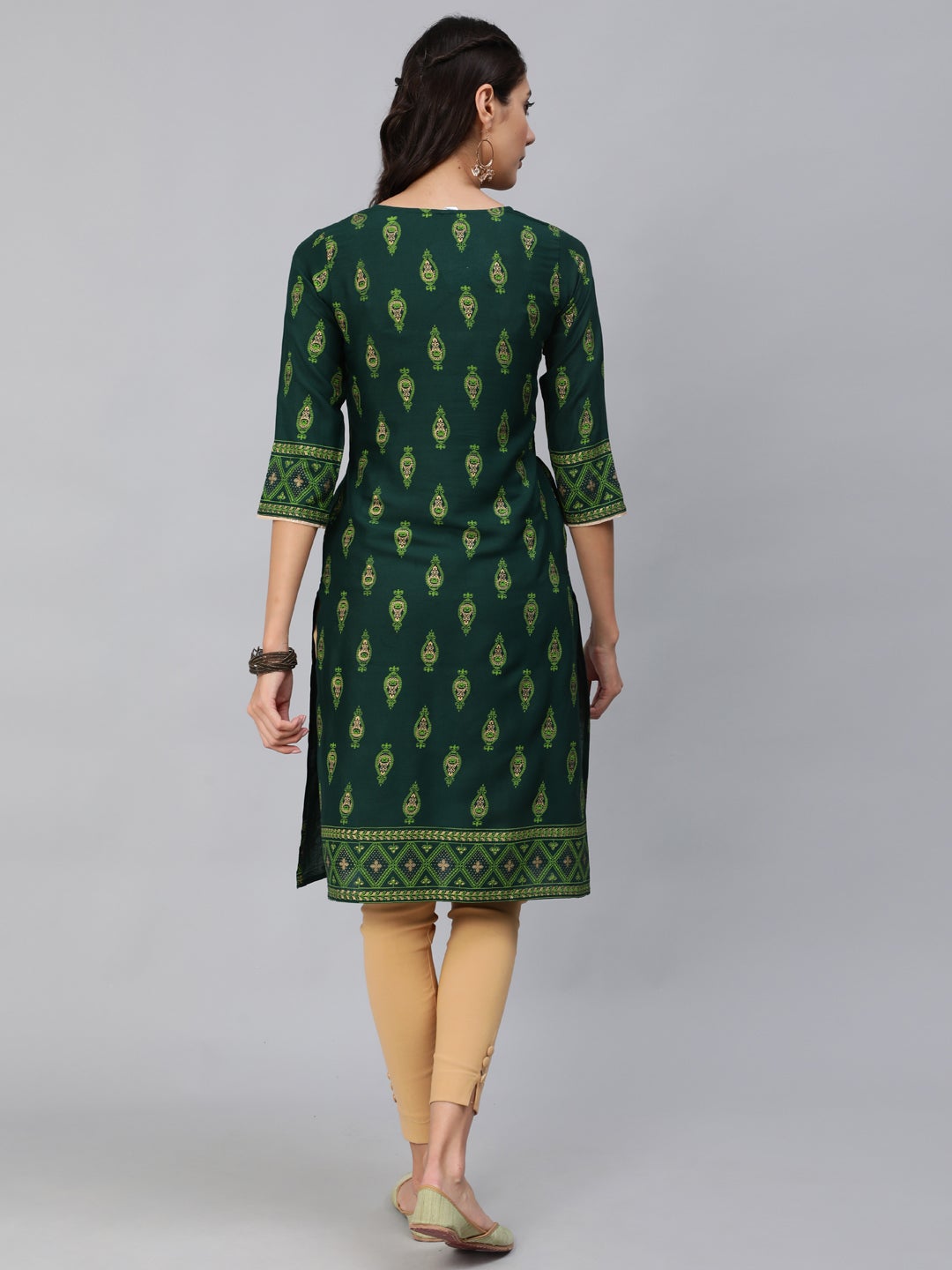 Women Green & Gold Printed Straight Kurta With Three Quarter Sleeves | LASVINI - Redefining Indian Fashion with Elegance