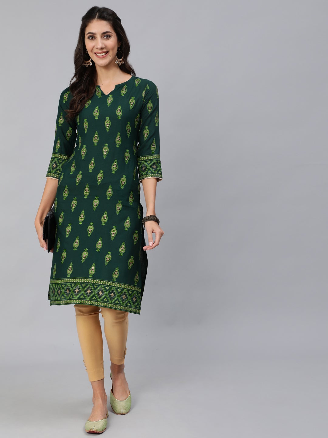 Women Green & Gold Printed Straight Kurta With Three Quarter Sleeves | LASVINI - Redefining Indian Fashion with Elegance