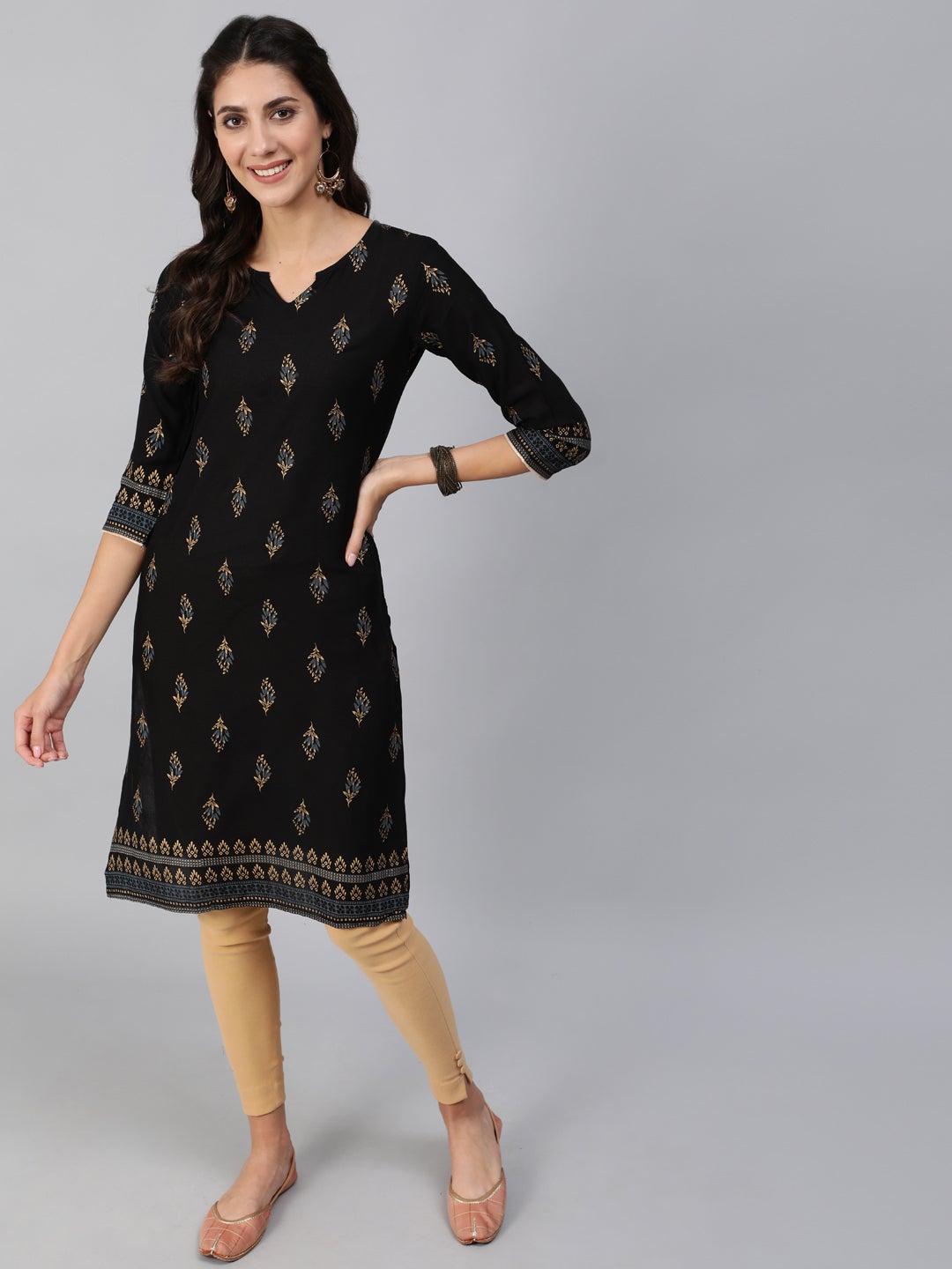 Women Black & Gold Printed Straight Kurta With Three Quarter Sleeves | LASVINI - Redefining Indian Fashion with Elegance