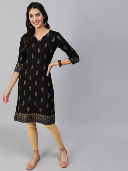 Women Black & Gold Printed Straight Kurta With Three Quarter Sleeves | LASVINI - Redefining Indian Fashion with Elegance