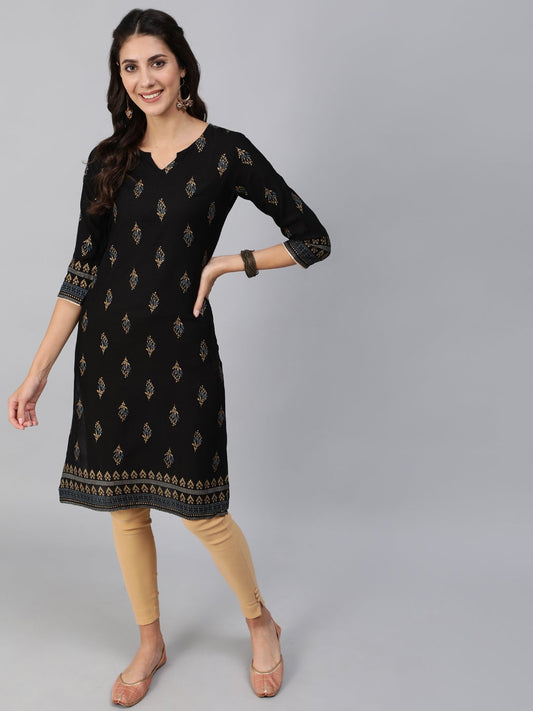 Women Black & Gold Printed Straight Kurta With Three Quarter Sleeves | LASVINI - Redefining Indian Fashion with Elegance