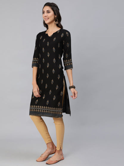 Women Black & Gold Printed Straight Kurta With Three Quarter Sleeves | LASVINI - Redefining Indian Fashion with Elegance