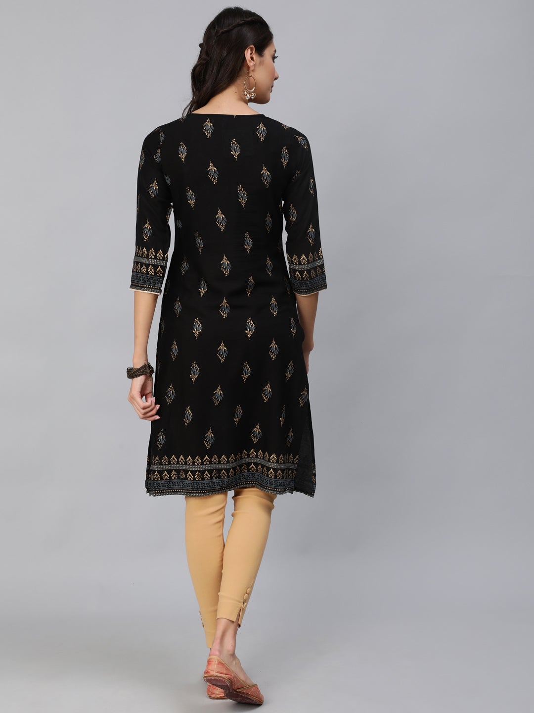 Women Black & Gold Printed Straight Kurta With Three Quarter Sleeves | LASVINI - Redefining Indian Fashion with Elegance