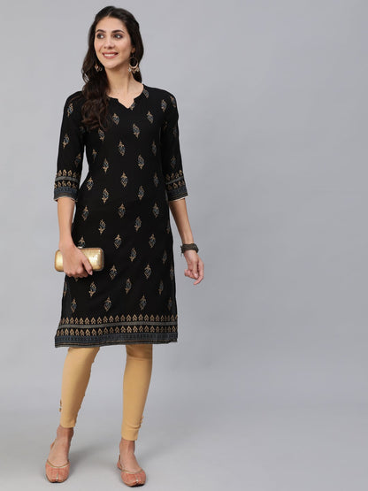 Women Black & Gold Printed Straight Kurta With Three Quarter Sleeves | LASVINI - Redefining Indian Fashion with Elegance