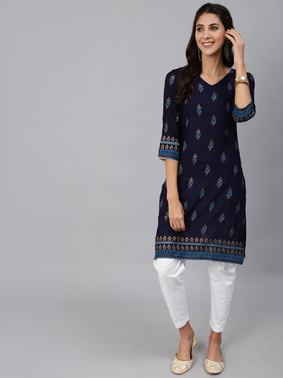 Women Navy Blue & Gold Printed Straight Kurta With Three Quarter Sleeves | LASVINI - Redefining Indian Fashion with Elegance