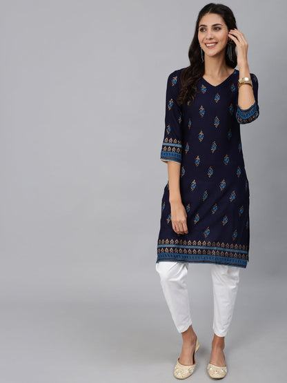 Women Navy Blue & Gold Printed Straight Kurta With Three Quarter Sleeves | LASVINI - Redefining Indian Fashion with Elegance