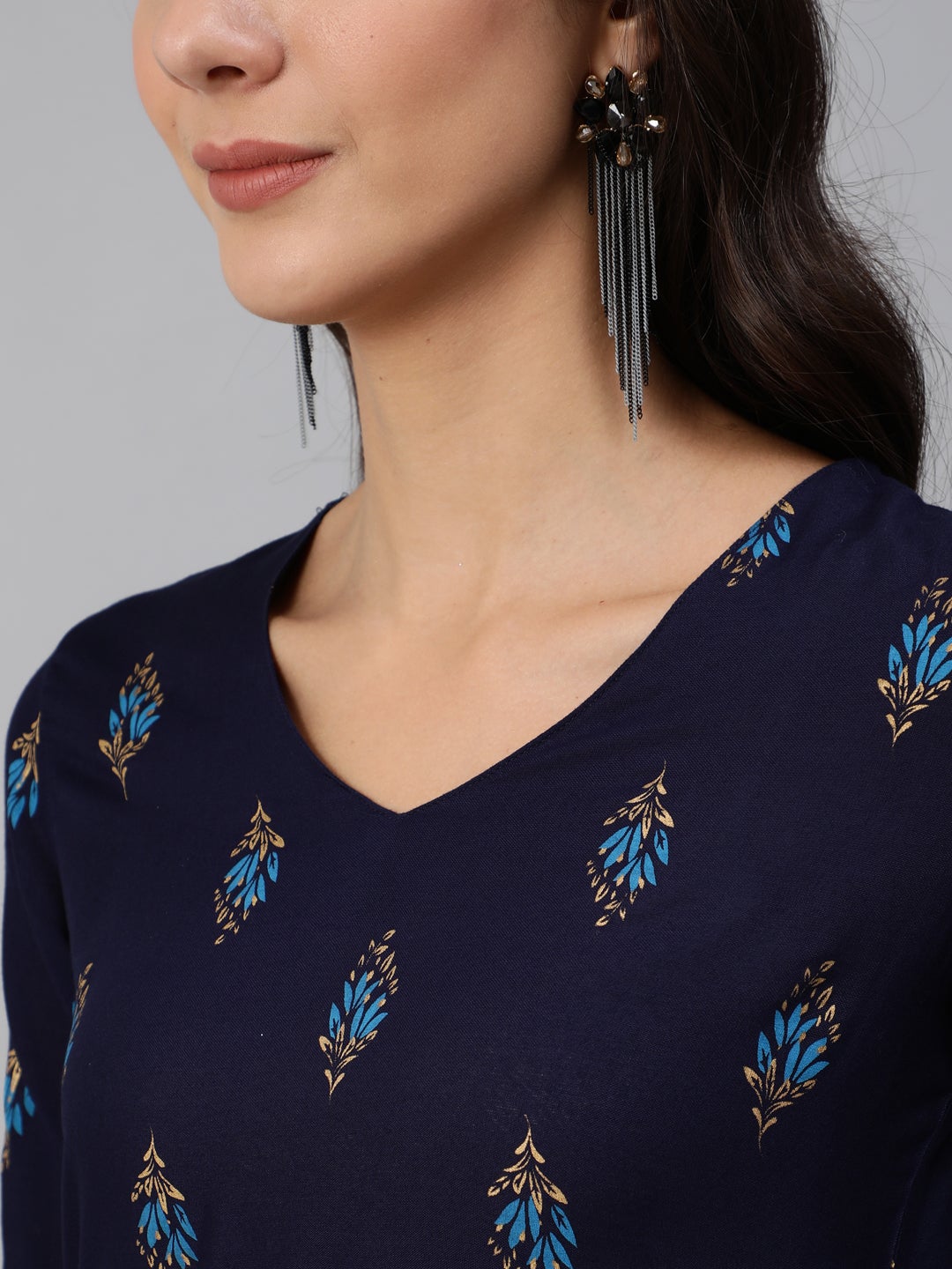 Women Navy Blue & Gold Printed Straight Kurta With Three Quarter Sleeves | LASVINI - Redefining Indian Fashion with Elegance