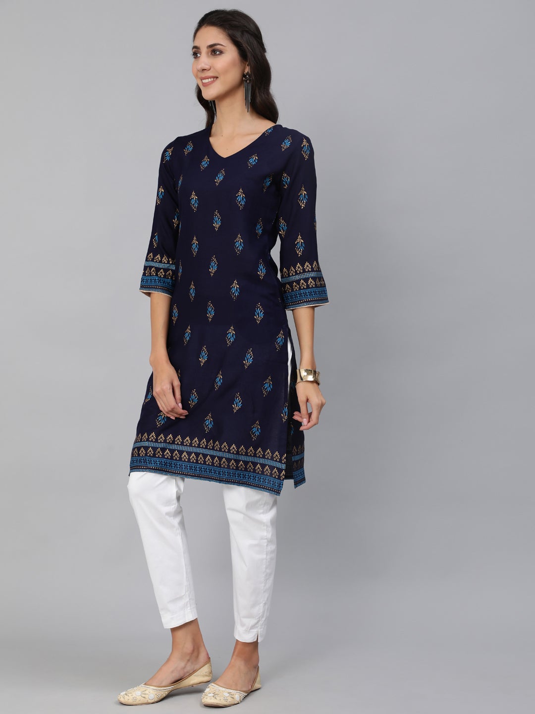 Women Navy Blue & Gold Printed Straight Kurta With Three Quarter Sleeves | LASVINI - Redefining Indian Fashion with Elegance