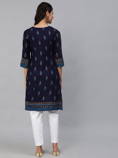 Women Navy Blue & Gold Printed Straight Kurta With Three Quarter Sleeves | LASVINI - Redefining Indian Fashion with Elegance