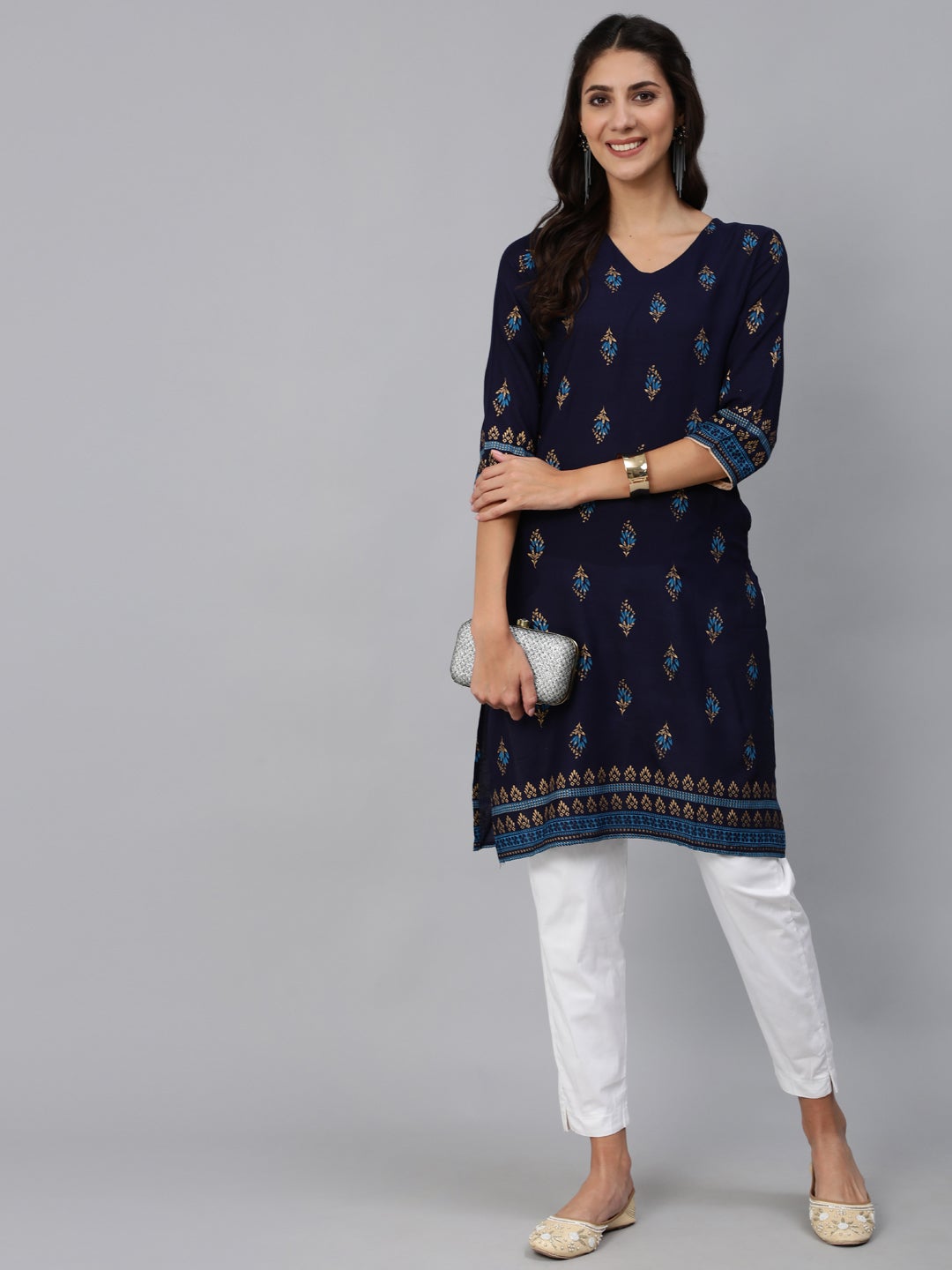 Women Navy Blue & Gold Printed Straight Kurta With Three Quarter Sleeves | LASVINI - Redefining Indian Fashion with Elegance