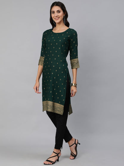 Women Green & Gold Printed Straight Kurta With Three Quarter Sleeves | LASVINI - Redefining Indian Fashion with Elegance