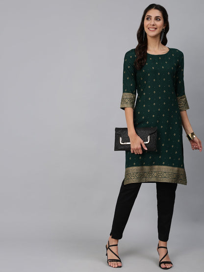 Women Green & Gold Printed Straight Kurta With Three Quarter Sleeves | LASVINI - Redefining Indian Fashion with Elegance