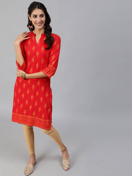 Women Red & Gold Toned Ethnic Motifs Printed Straight Kurta | LASVINI - Redefining Indian Fashion with Elegance