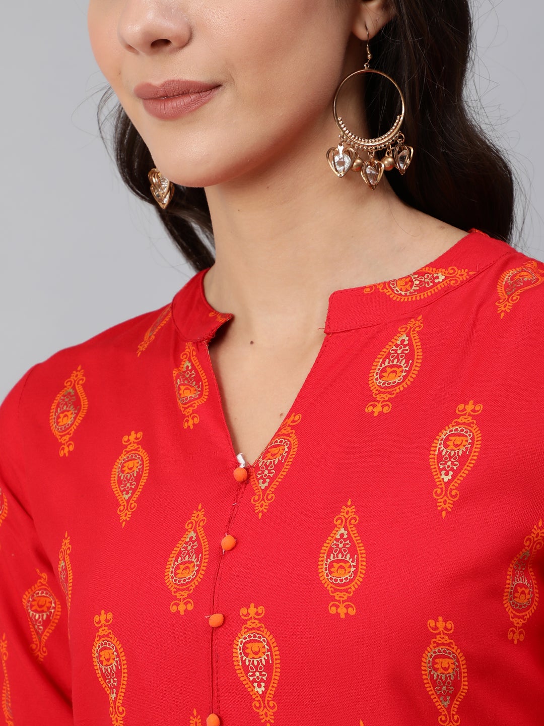 Women Red & Gold Toned Ethnic Motifs Printed Straight Kurta | LASVINI - Redefining Indian Fashion with Elegance