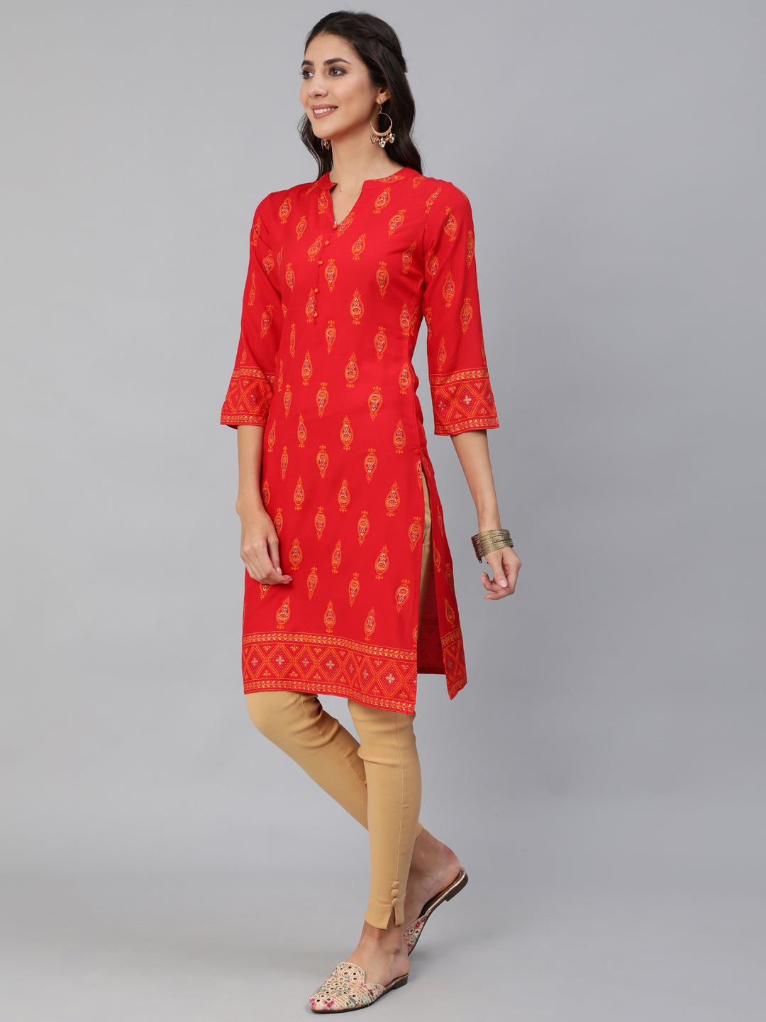 Women Red & Gold Toned Ethnic Motifs Printed Straight Kurta | LASVINI - Redefining Indian Fashion with Elegance