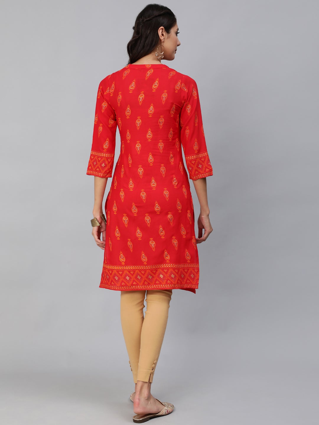 Women Red & Gold Toned Ethnic Motifs Printed Straight Kurta | LASVINI - Redefining Indian Fashion with Elegance