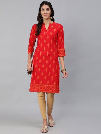 Women Red & Gold Toned Ethnic Motifs Printed Straight Kurta | LASVINI - Redefining Indian Fashion with Elegance