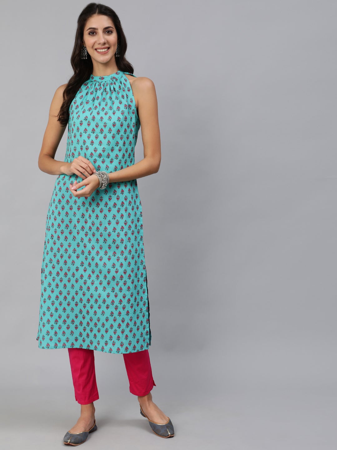 Women Green Printed Straight Sleeveless Kurta | LASVINI - Redefining Indian Fashion with Elegance