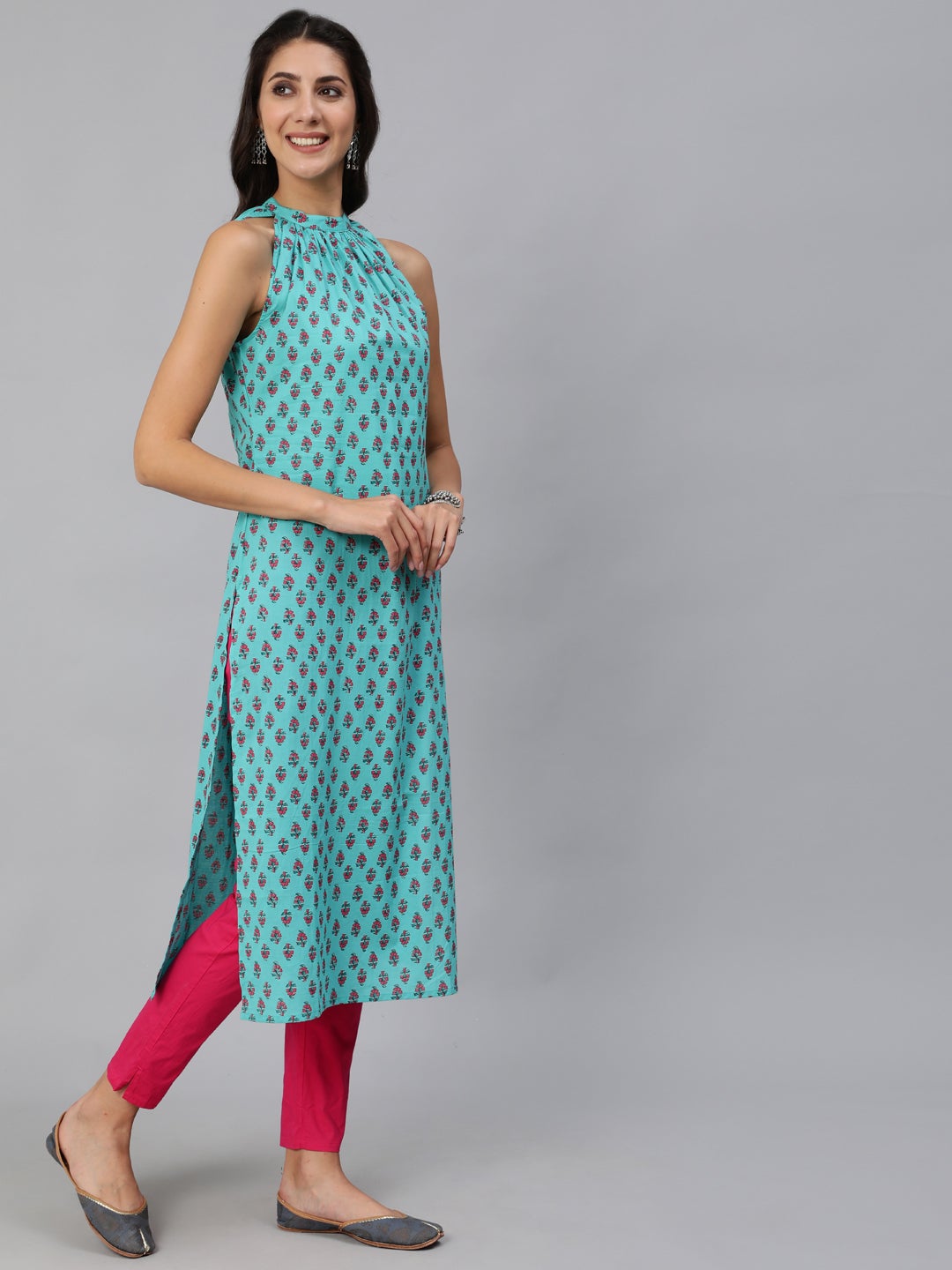 Women Green Printed Straight Sleeveless Kurta | LASVINI - Redefining Indian Fashion with Elegance