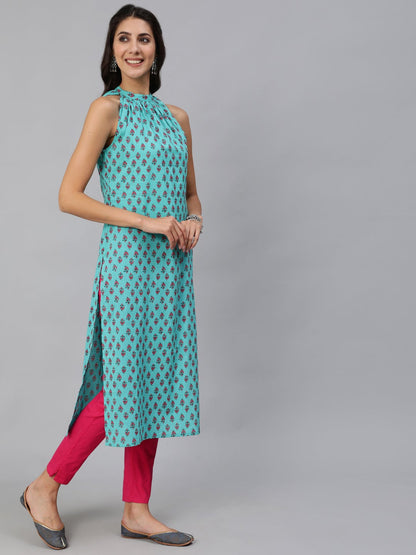 Women Green Printed Straight Sleeveless Kurta | LASVINI - Redefining Indian Fashion with Elegance