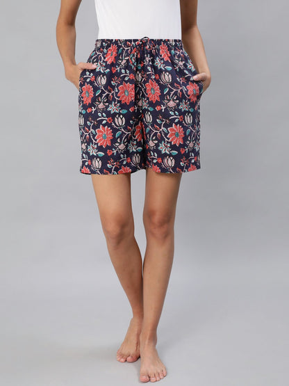 Women Blue Floral Printd Shorts With Pocket | LASVINI - Redefining Indian Fashion with Elegance