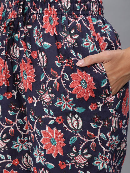 Women Blue Floral Printd Shorts With Pocket | LASVINI - Redefining Indian Fashion with Elegance